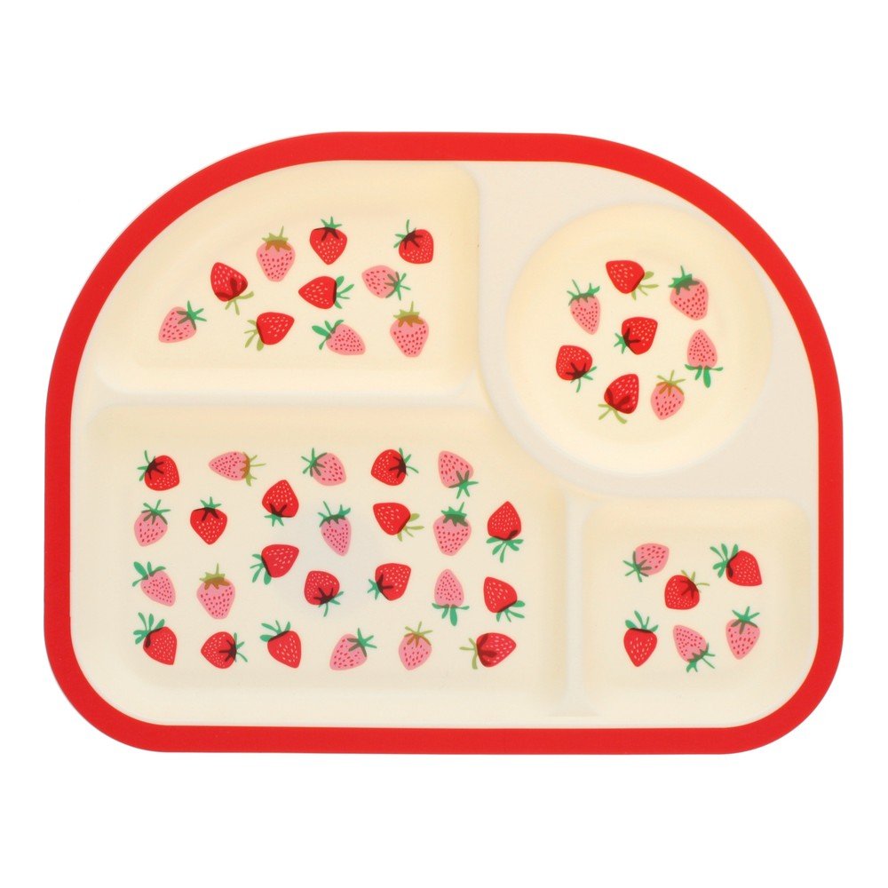 Piros-bézs műanyag gyerek tányér 21x27 cm Little Strawberry – Rex London