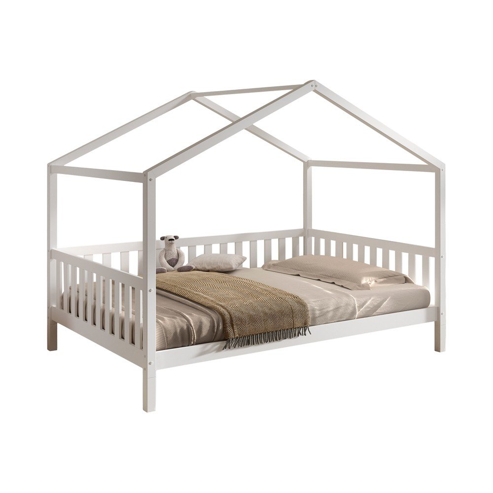 Fehér borovi fenyő házikó alakú gyerekágy ágyráccsal 140x200 cm Dallas – Vipack